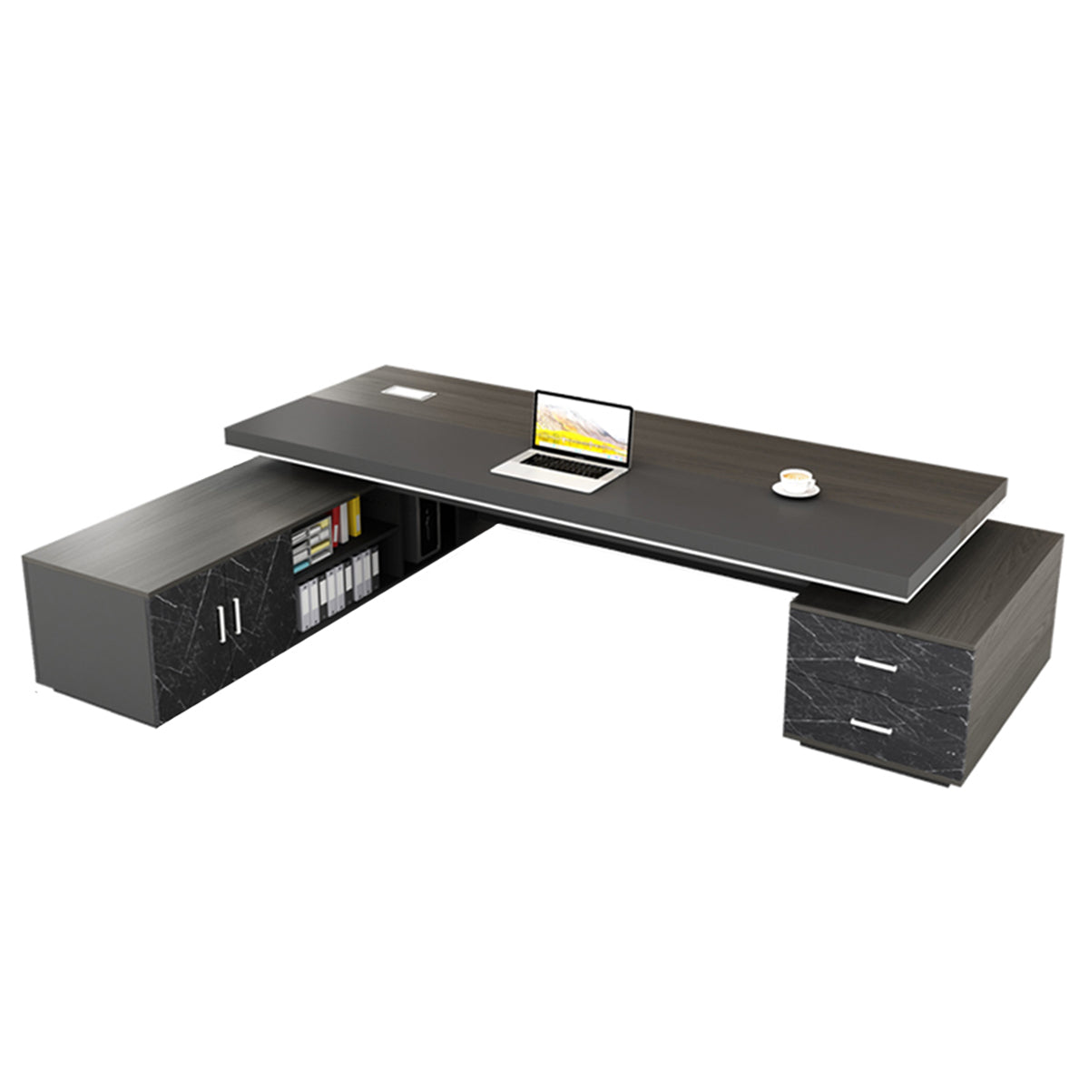 Plosia Executive L-Shaped Desk Set – Modern Manager Table with Side Cabinets and Chair Options