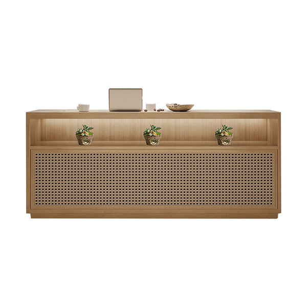 Modern Wooden Reception Counter with Rattan Detailing for Boutiques Salons Fully Assembled Design