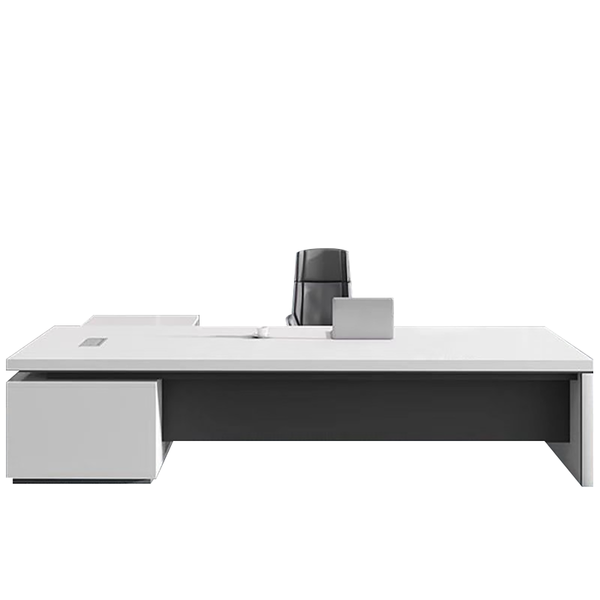 Executive White Office Desk Set – Modern L-Shaped Manager Table with Cabinet and Chair