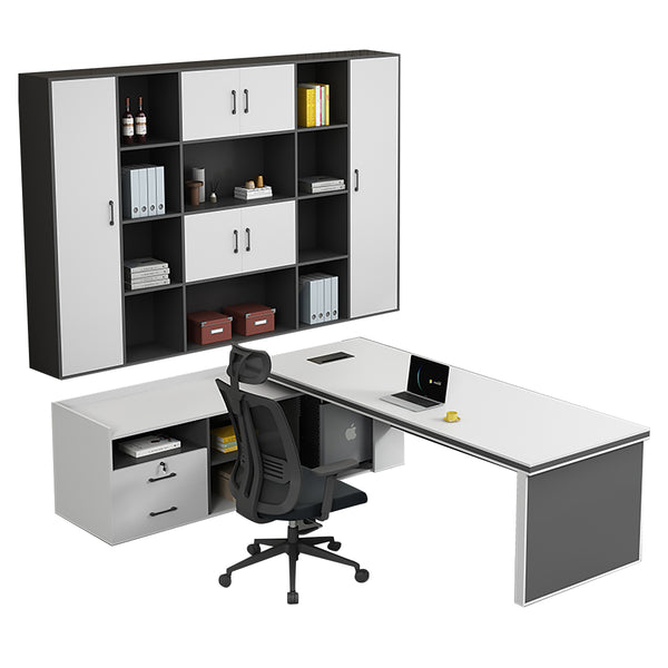 Plosia Executive Office Desk – Modern White CEO Table with Matching Chair & Cabinet